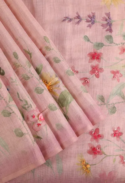 Crepe Pink Tissue Silk Sarees with Thread Zari Floral Patterns