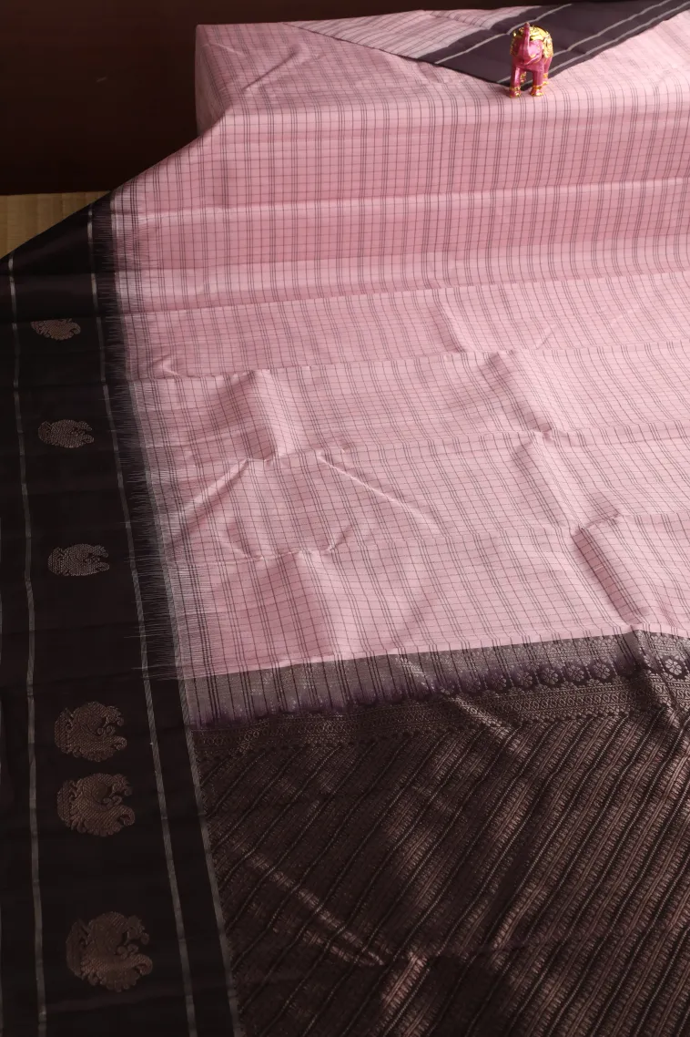 Rose Pink Soft Silk Saree with Gold And Silver Zari Checks view 2