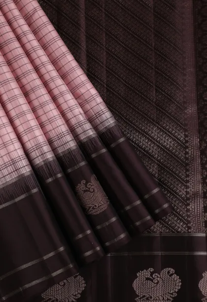 Rose Pink Soft Silk Saree with Gold And Silver Zari Checks