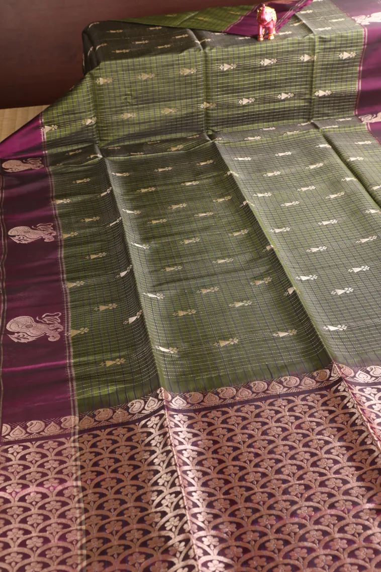 Moccon Green Soft Silk Saree with Gold Zari Checks And Puttas view 2