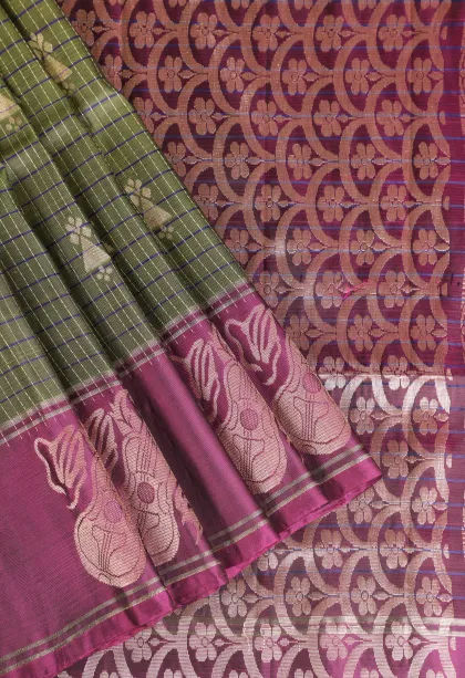 Moccon Green Soft Silk Saree with Gold Zari Checks And Puttas