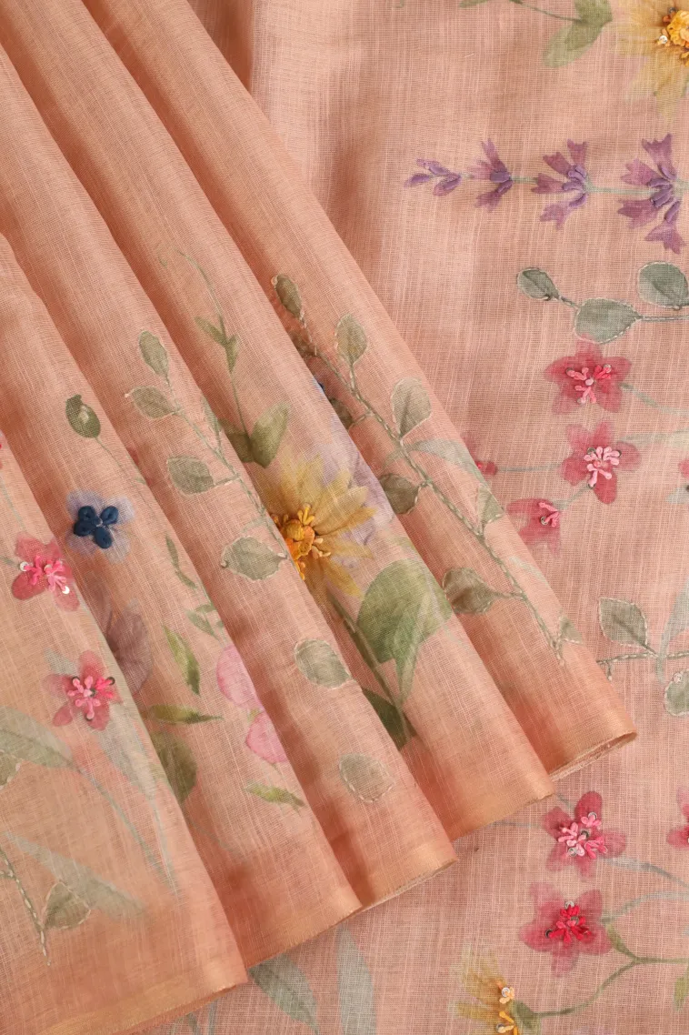Peach Pink Tissue Silk Sarees with Thread Zari Floral Patterns view 1