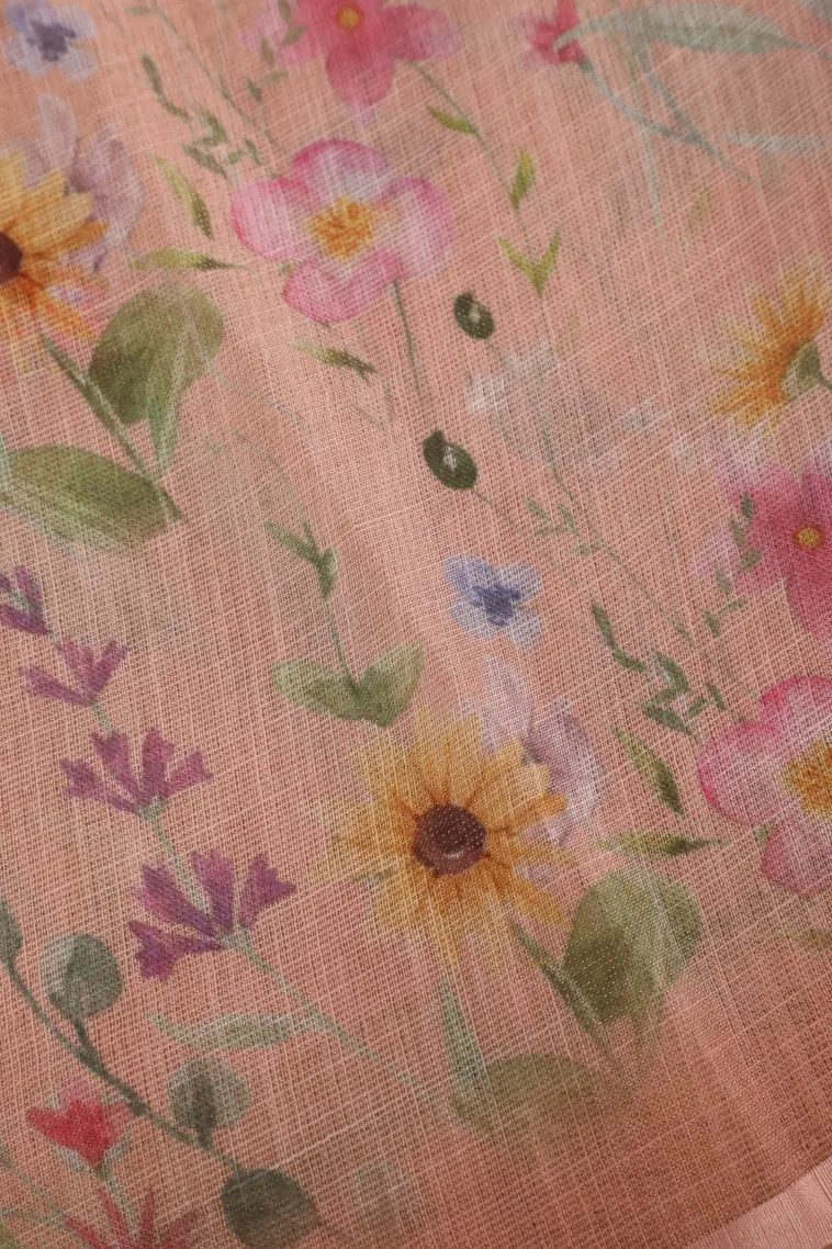 Peach Pink Tissue Silk Sarees with Thread Zari Floral Patterns view 3