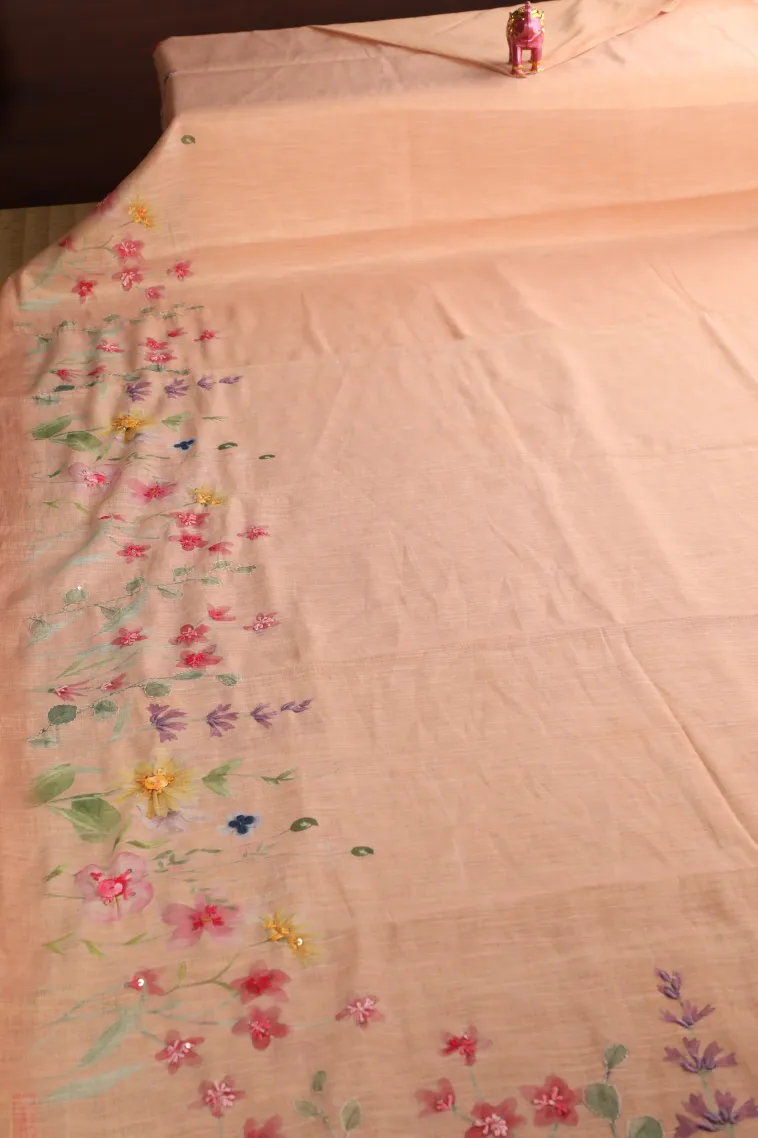 Peach Pink Tissue Silk Sarees with Thread Zari Floral Patterns view 2