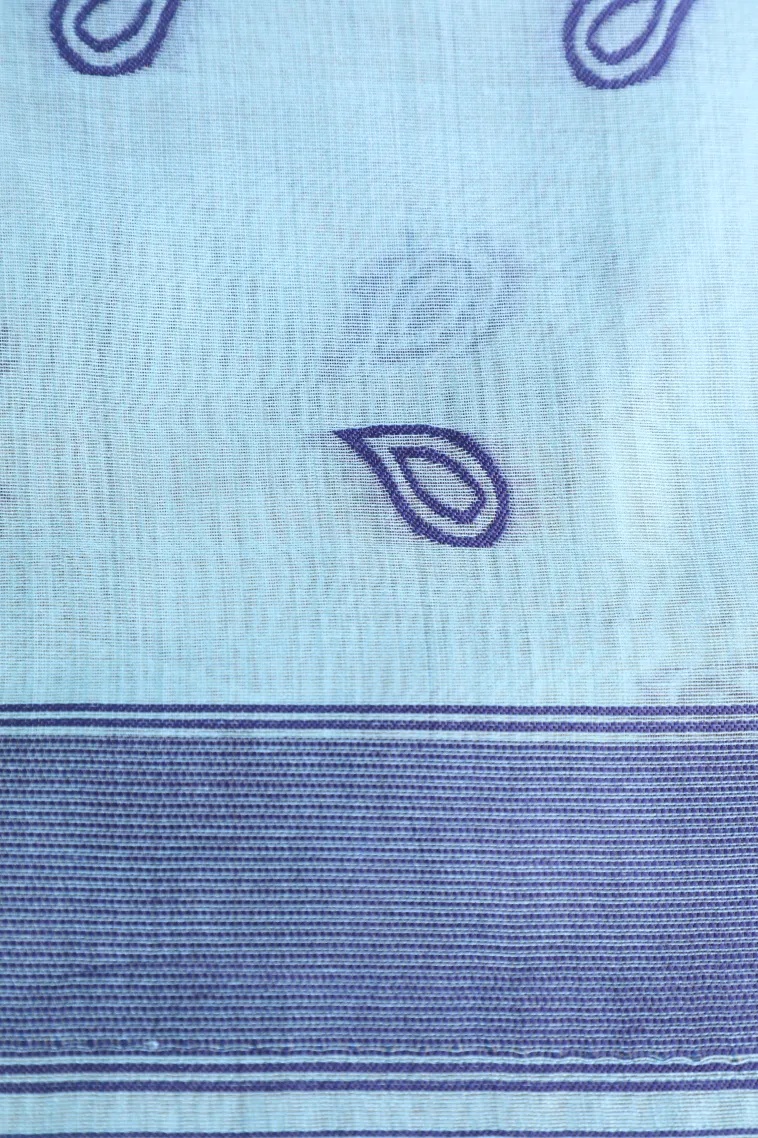 Arctic Blue Linen Saree Without Zari With Floral Patterns view 3