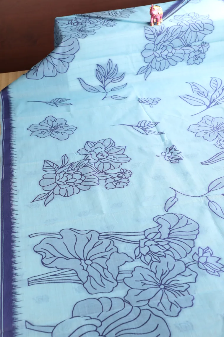 Arctic Blue Linen Saree Without Zari With Floral Patterns view 2