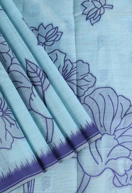 Arctic Blue Linen Saree Without Zari With Floral Patterns