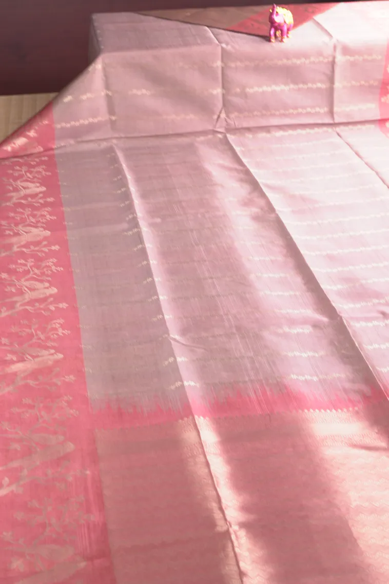 Lemonade Pink Semi Tussar Silk with Bronze Zari Stripes view 2
