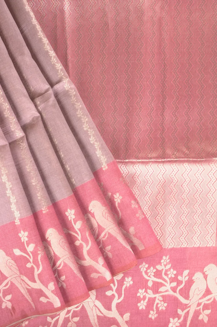 Lemonade Pink Semi Tussar Silk with Bronze Zari Stripes