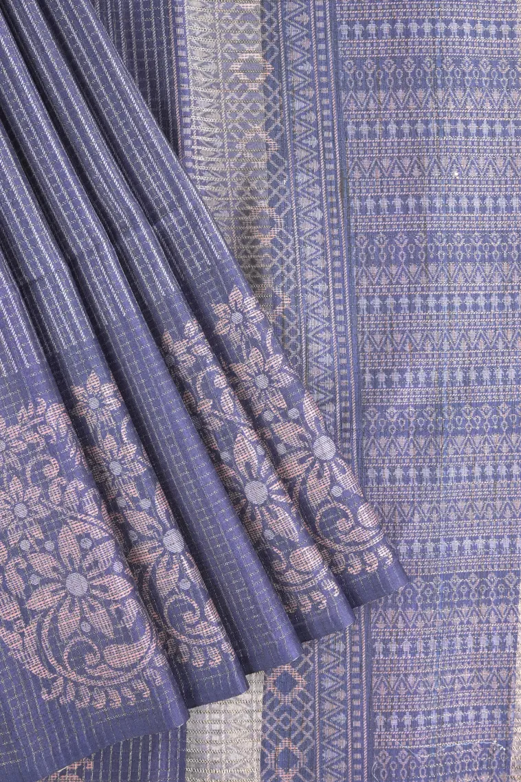 Indigo Blue Tussar Saree with Antic Zari Small Checks Pattern view 1