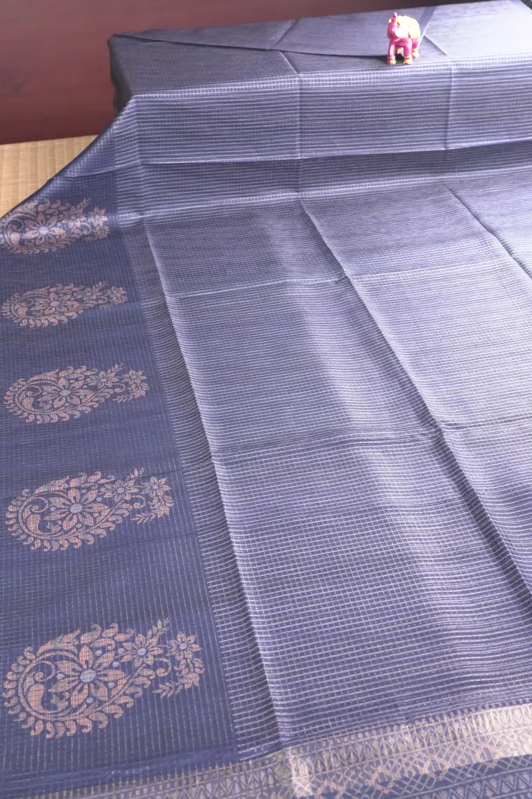 Indigo Blue Tussar Saree with Antic Zari Small Checks Pattern view 2