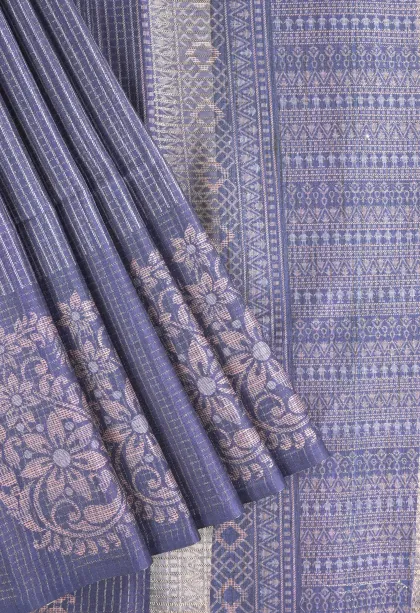 Indigo Blue Tussar Saree with Antic Zari Small Checks Pattern