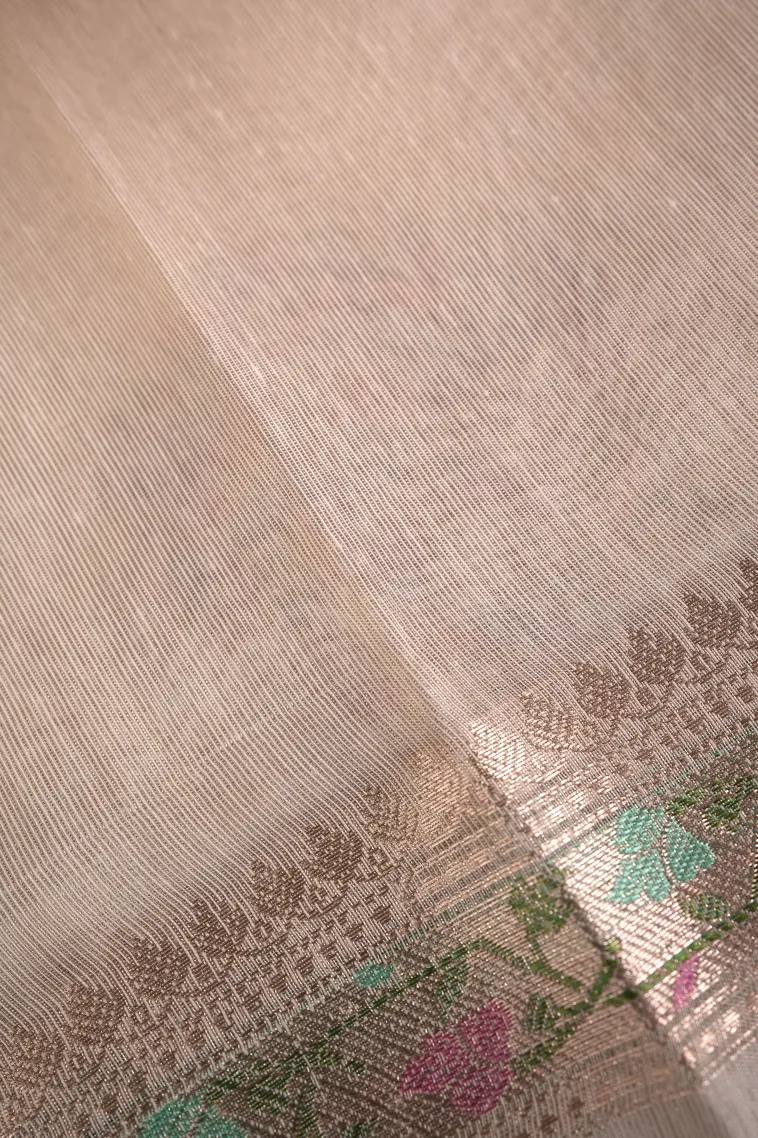 Alabaster White Tissue Silk Sarees with Gold Zari Flower Mottif view 3