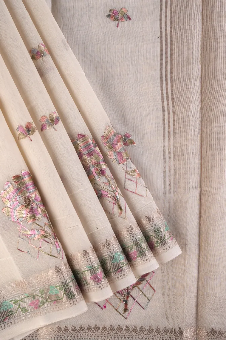 Alabaster White Tissue Silk Sarees with Gold Zari Flower Mottif view 1