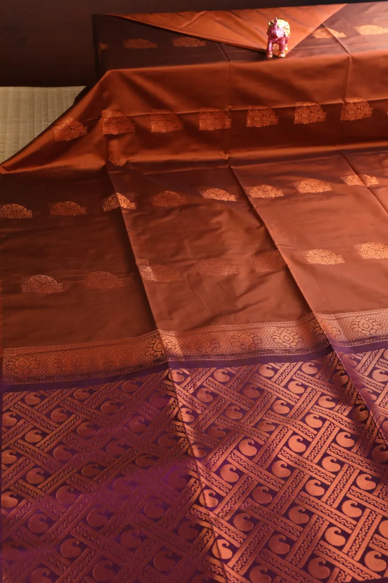 Cider Orange Soft Silk Saree with Copper Zari Flower Mottif view 2