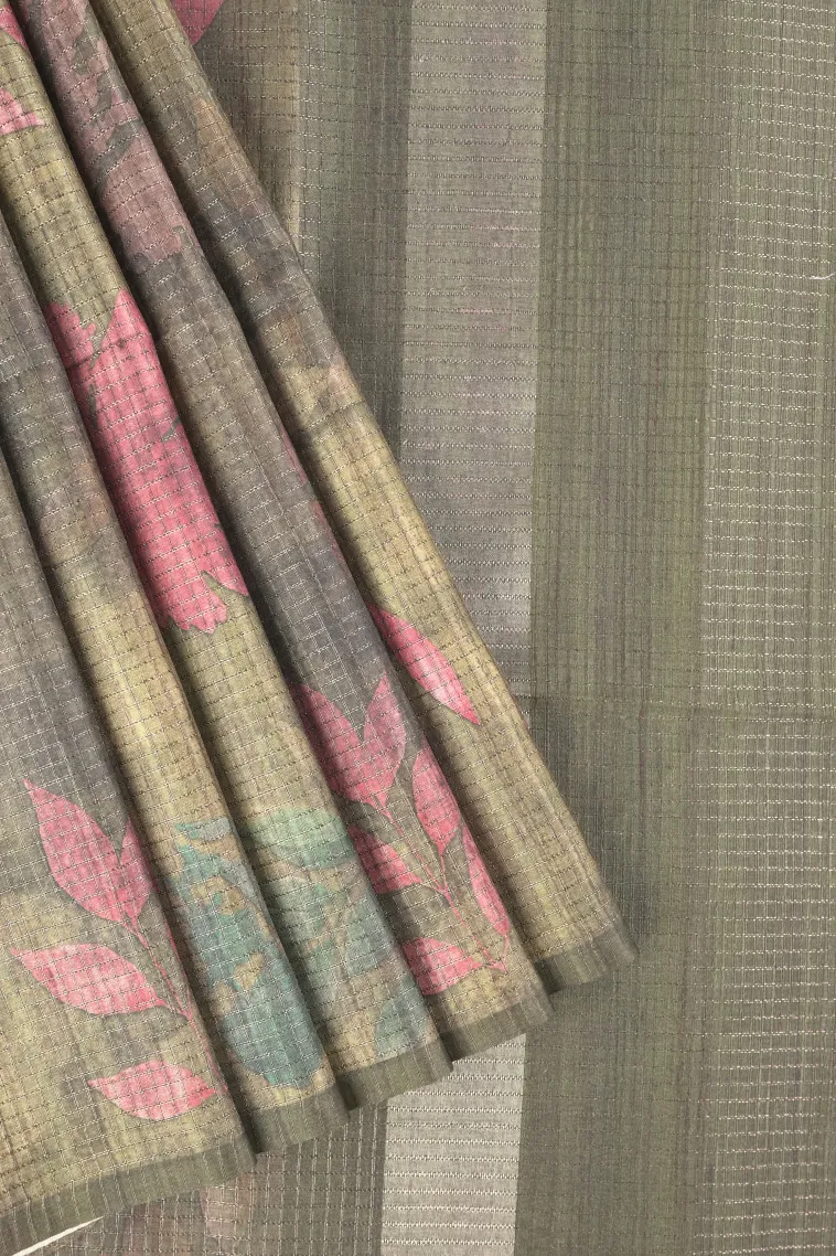Olive Green Tussar Saree with Antic Zari Small Checks Pattern view 1