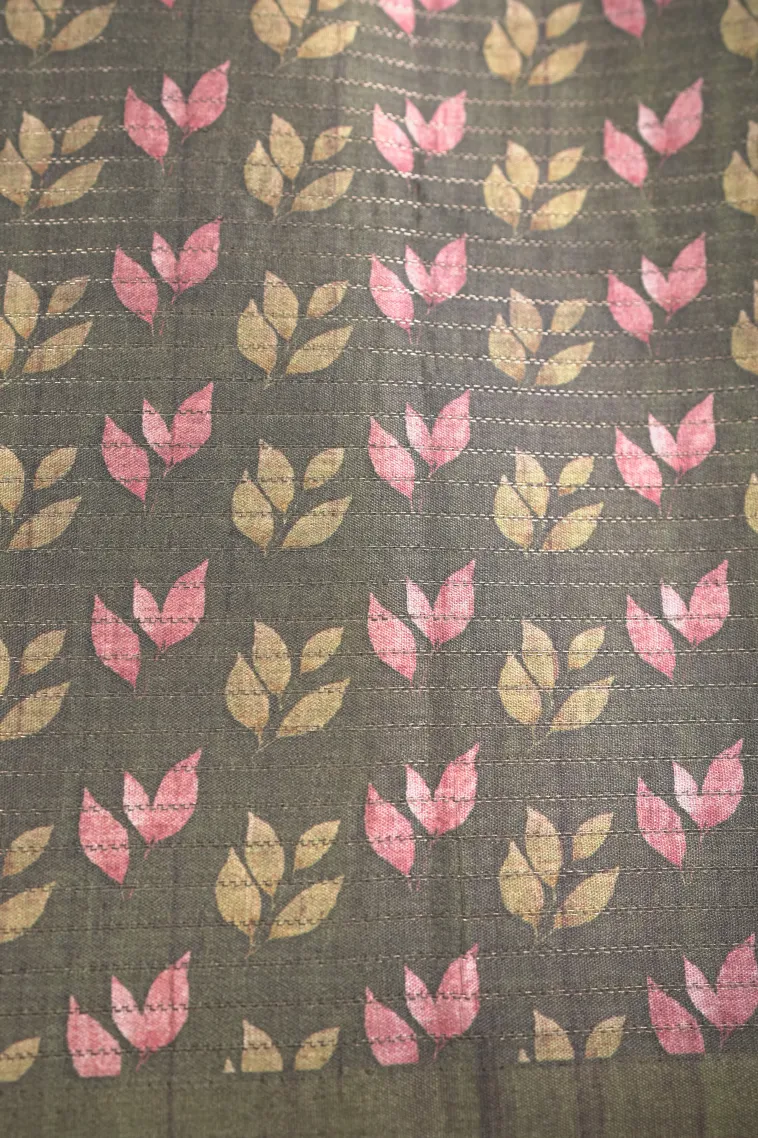Olive Green Tussar Saree with Antic Zari Small Checks Pattern view 3