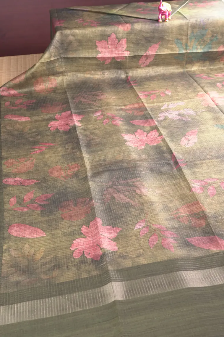 Olive Green Tussar Saree with Antic Zari Small Checks Pattern view 2