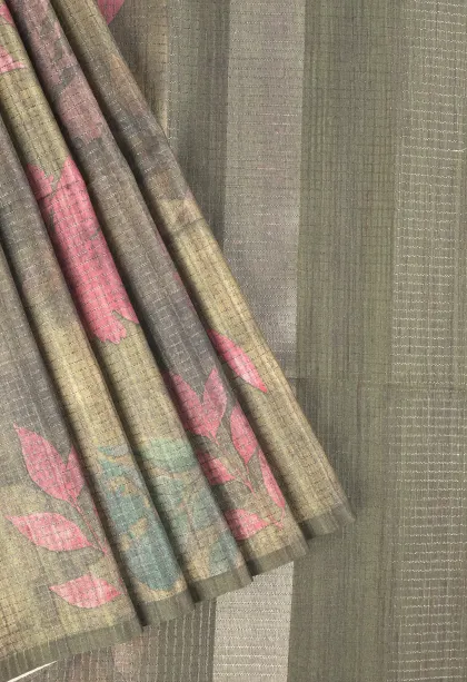 Olive Green Tussar Saree with Antic Zari Small Checks Pattern