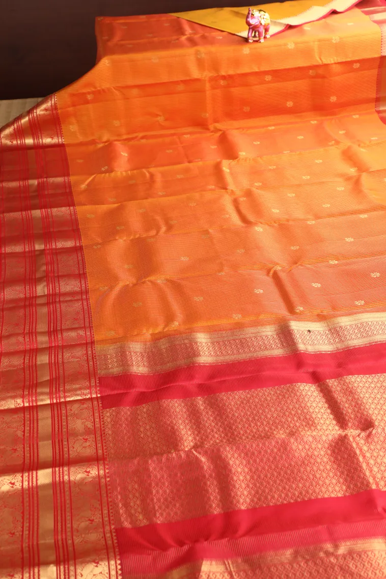 Carrot Orange Soft Silk Saree with Gold Zari Checks And Puttas view 2