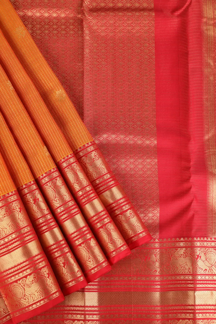 Carrot Orange Soft Silk Saree with Gold Zari Checks And Puttas
