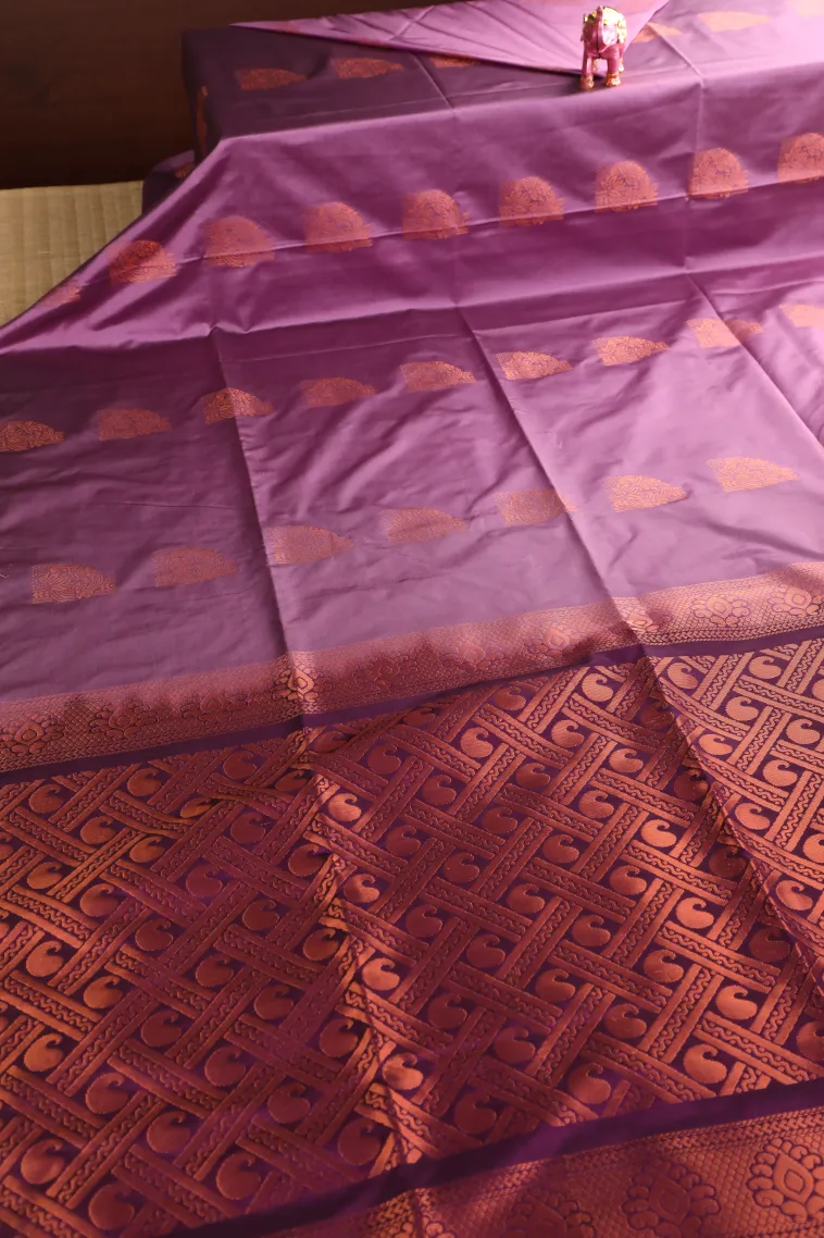 Periwinkle Purple Soft Silk Saree with Copper Zari Flower Mottif view 2