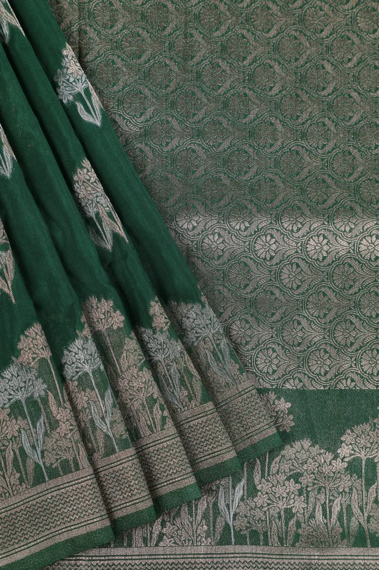 Bottle Green Banaras Sarees with Gold And Silver Zari Flower Mottif view 1