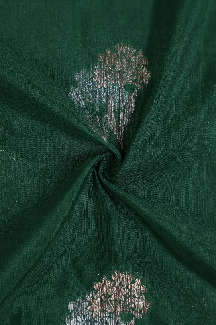 Bottle Green Banaras Sarees with Gold And Silver Zari Flower Mottif view 4