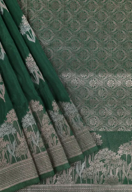 Bottle Green Banaras Sarees with Gold And Silver Zari Flower Mottif