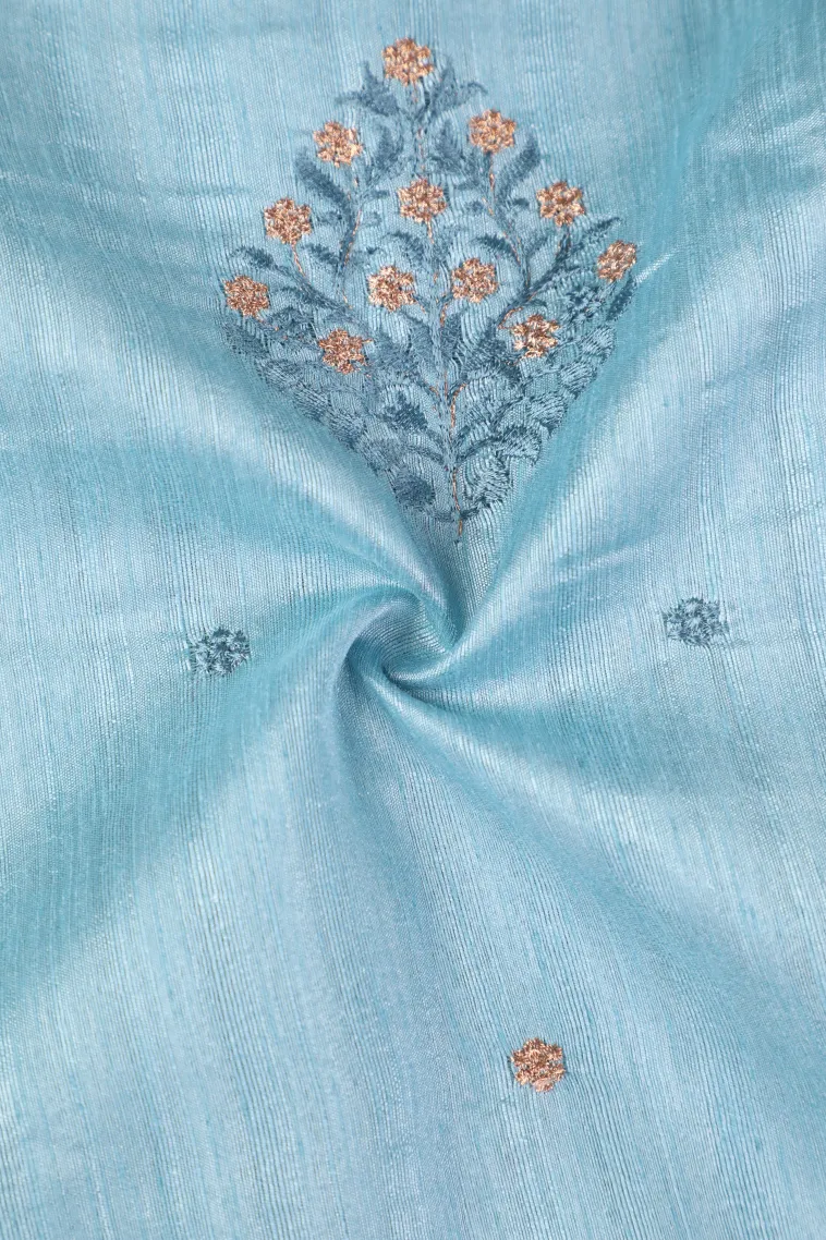 Sky Blue Raw Silk Sarees with Thread Zari Flower Mottif view 4