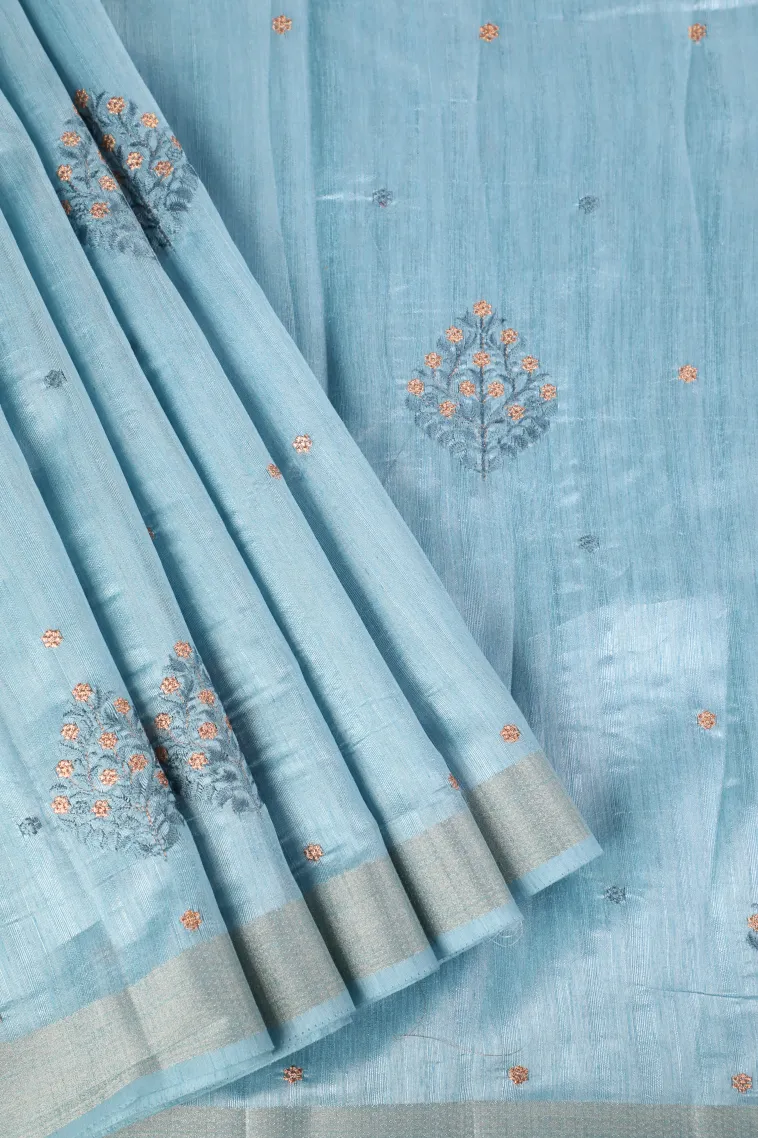 Sky Blue Raw Silk Sarees with Thread Zari Flower Mottif
