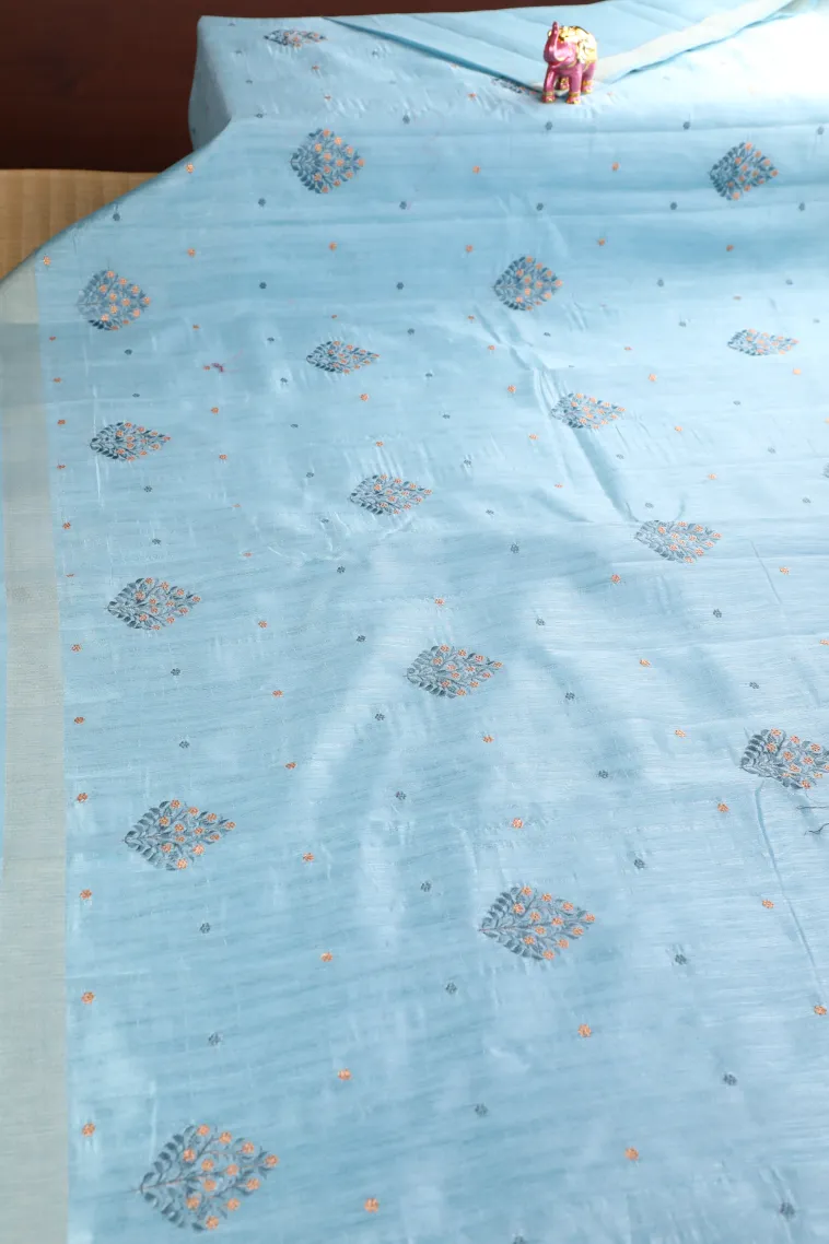 Sky Blue Raw Silk Sarees with Thread Zari Flower Mottif view 2