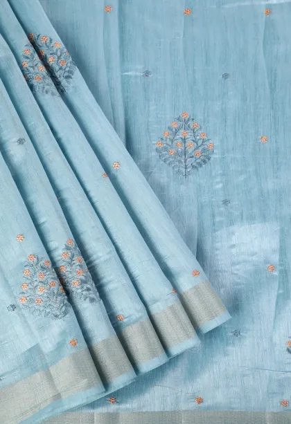 Sky Blue Raw Silk Sarees with Thread Zari Flower Mottif
