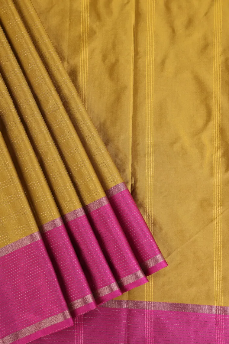 Lemon Yellow Arani Silk Sarees with Gold Zari Checks
