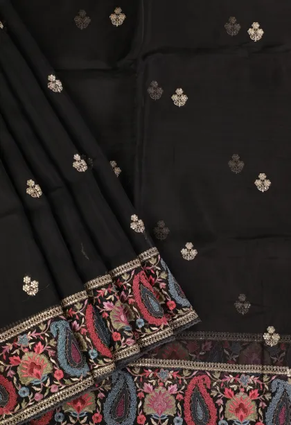 Asphalt Black Organza Saree with Thread Zari Flower Mottif