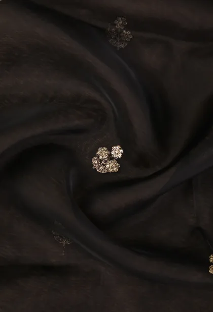 Asphalt Black Organza Saree with Thread Zari Flower Mottif