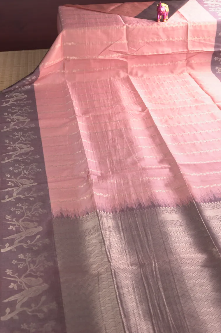 Peach Pink Semi Tussar Silk with Bronze Zari Stripes view 2