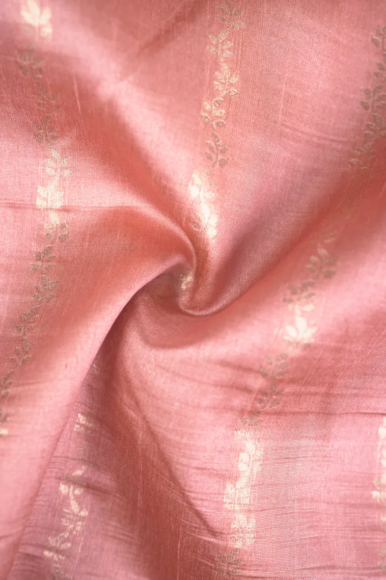 Peach Pink Semi Tussar Silk with Bronze Zari Stripes view 4