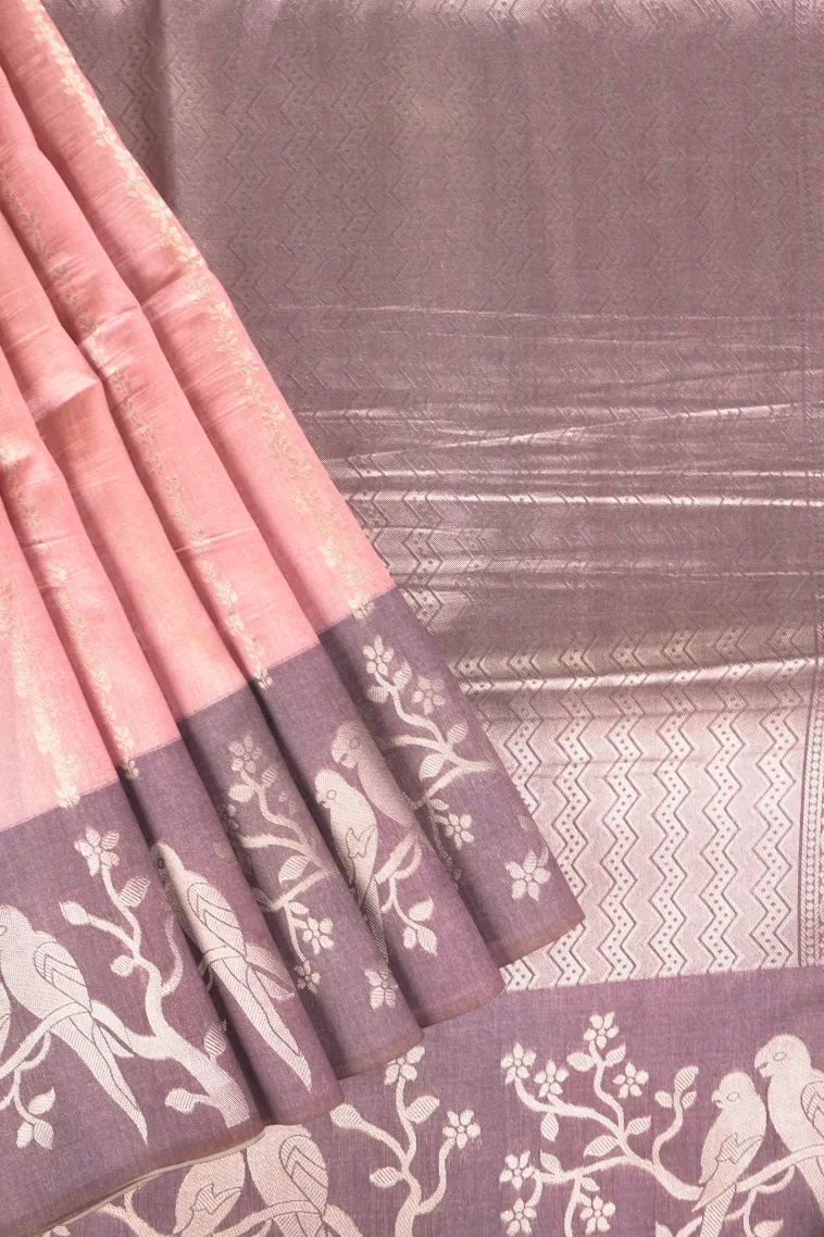 Peach Pink Semi Tussar Silk with Bronze Zari Stripes view 1