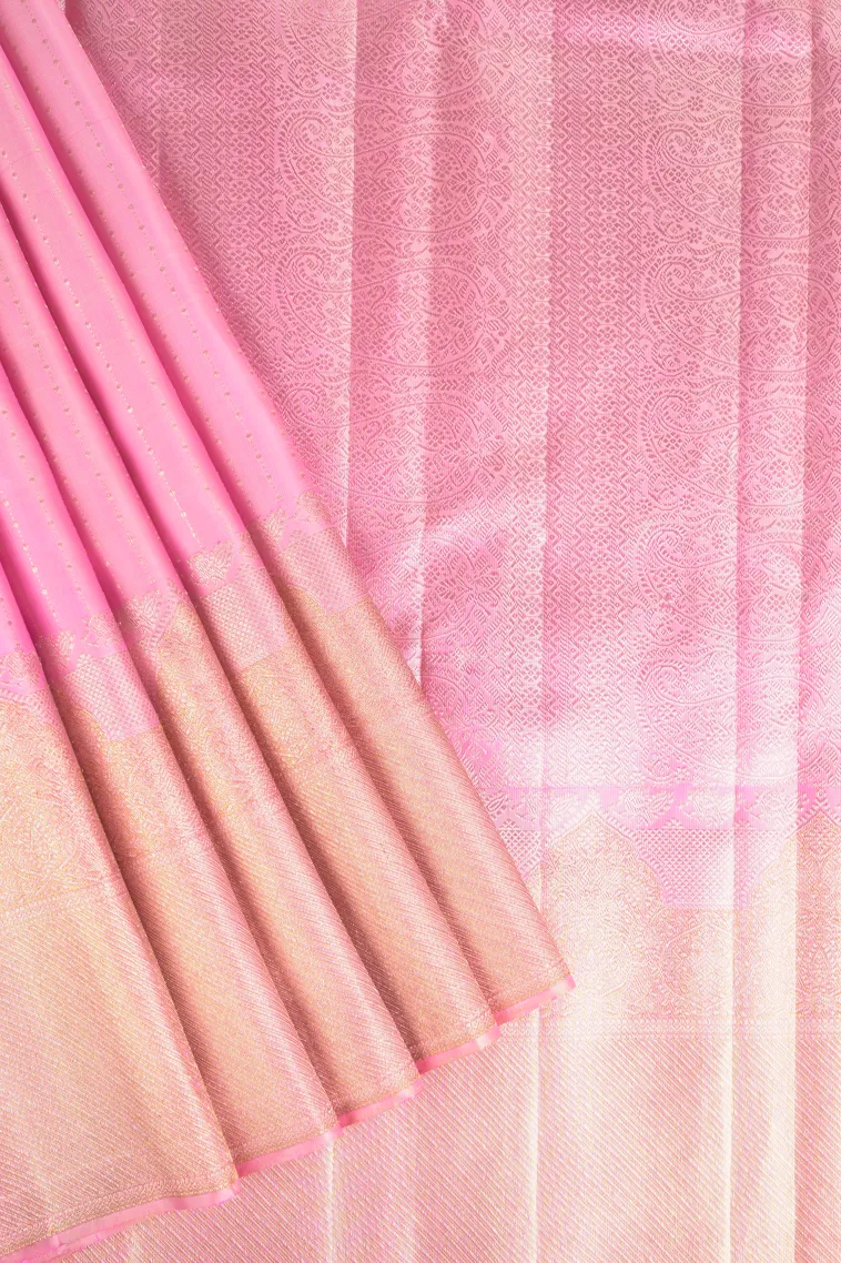 Blush Pink Kanchipuram Silk Sarees with Gold And Silver Zari Stripes view 1
