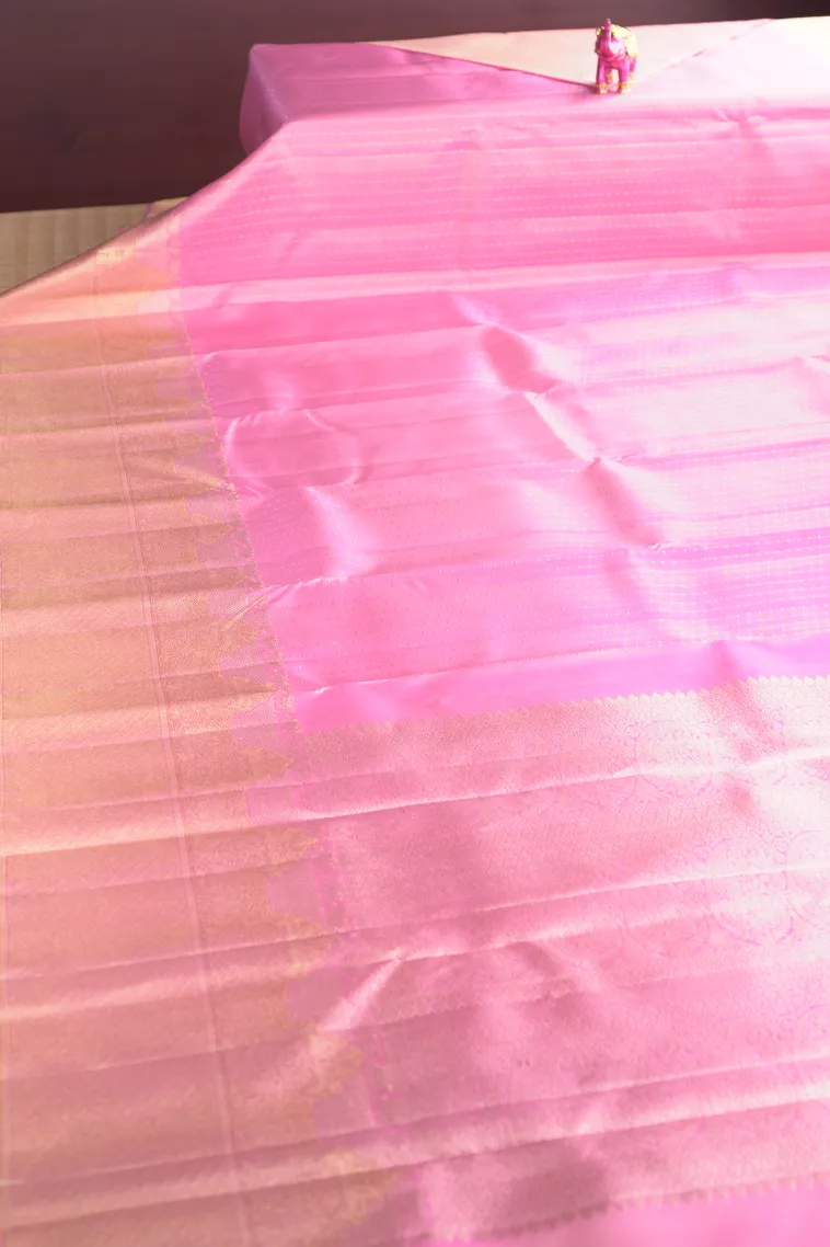 Blush Pink Kanchipuram Silk Sarees with Gold And Silver Zari Stripes view 2