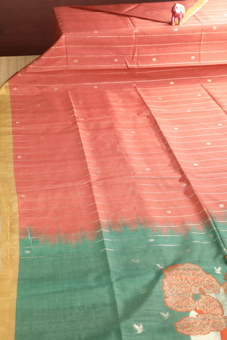 Peach Pink Tussar Saree with Bronze Zari Stripes And Puttas view 2