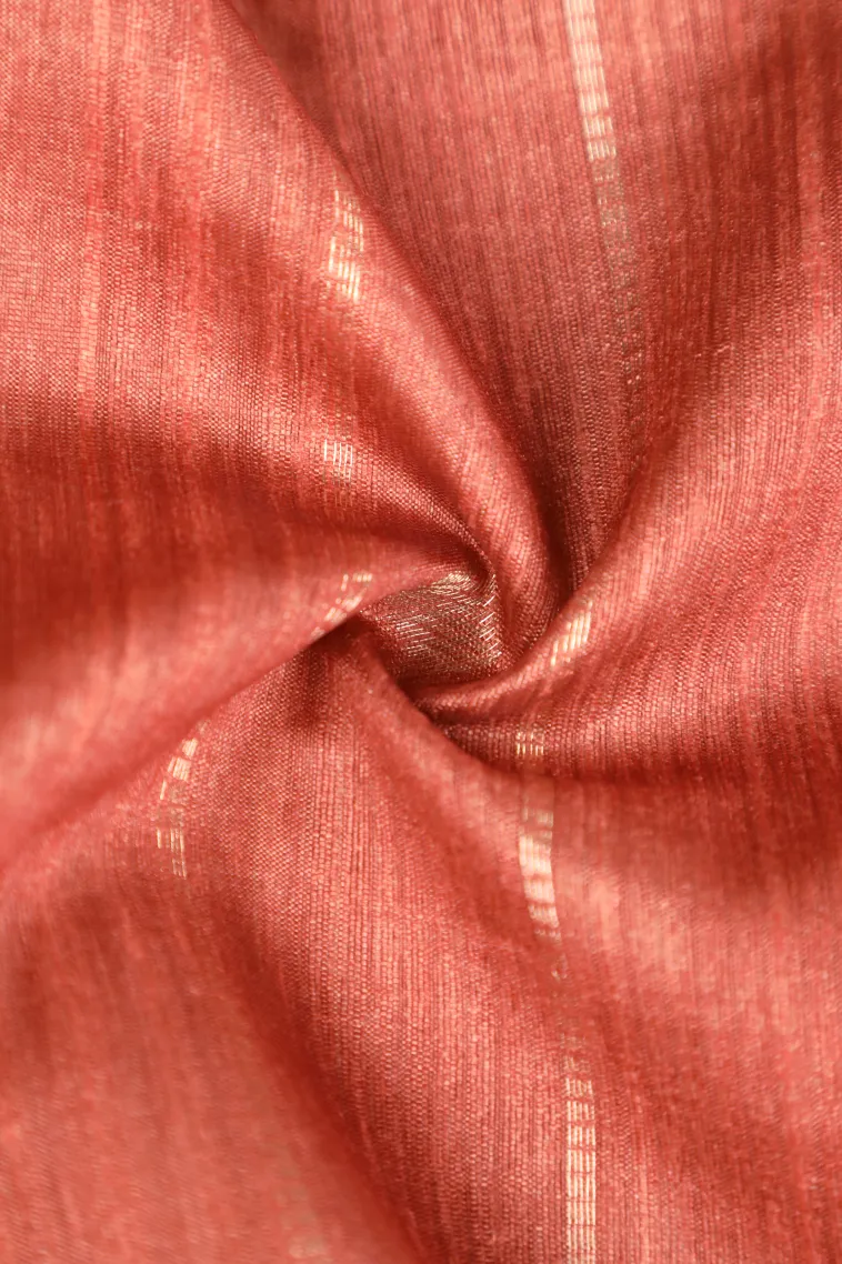 Peach Pink Tussar Saree with Bronze Zari Stripes And Puttas view 4