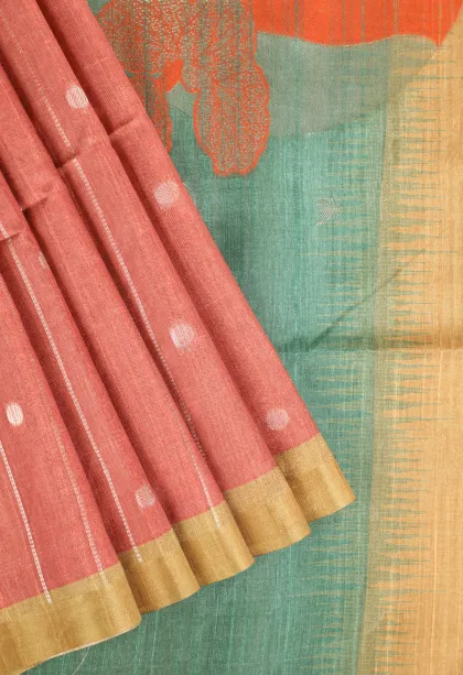 Peach Pink Tussar Saree with Bronze Zari Stripes And Puttas