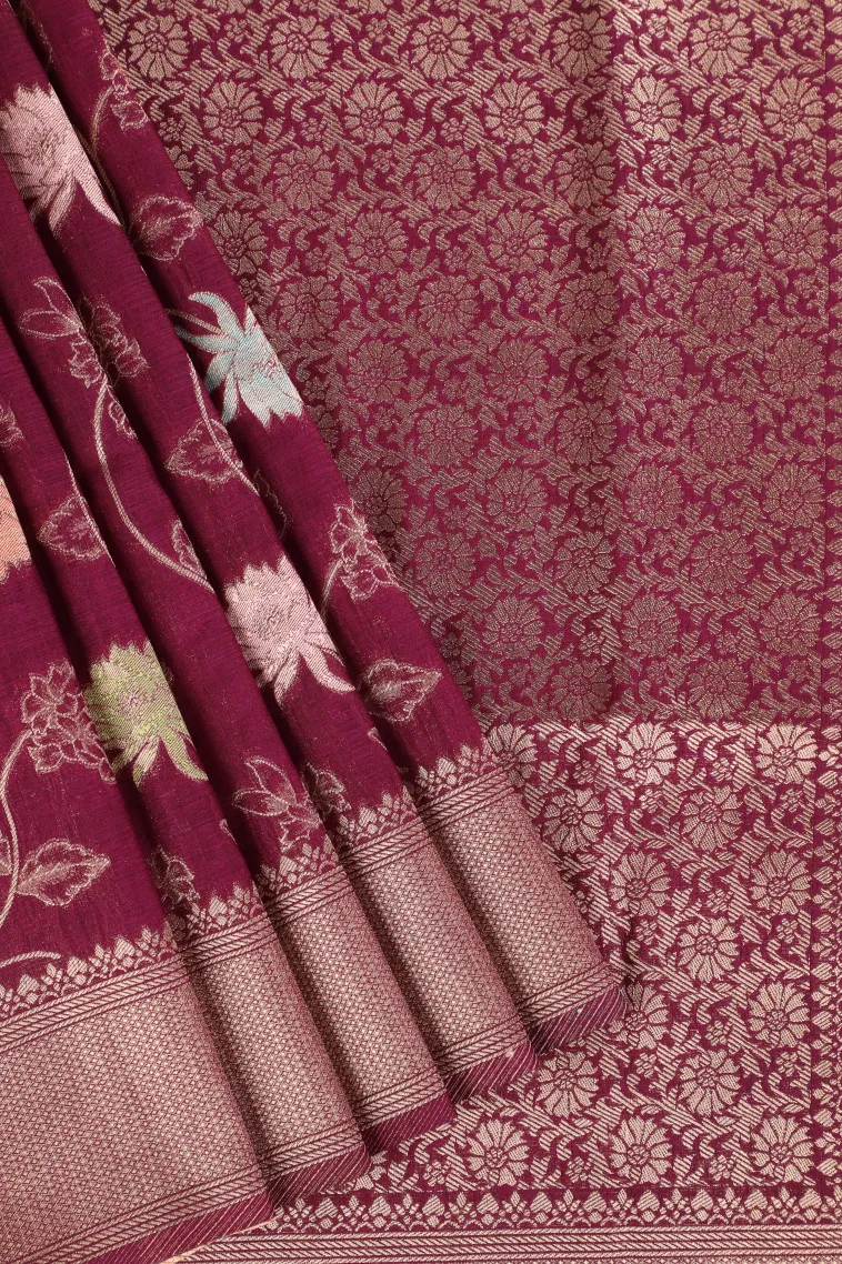Magenta Purple Semi Tussar Silk with Bronze Zari Floral Patterns