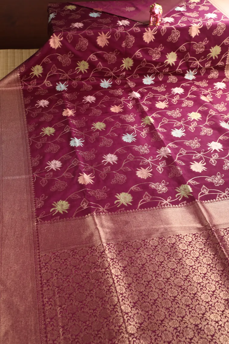 Magenta Purple Semi Tussar Silk with Bronze Zari Floral Patterns view 2