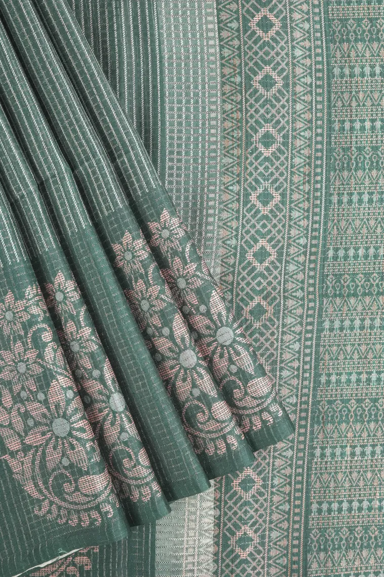 Bottle Green Tussar Saree with Antic Zari Small Checks Pattern