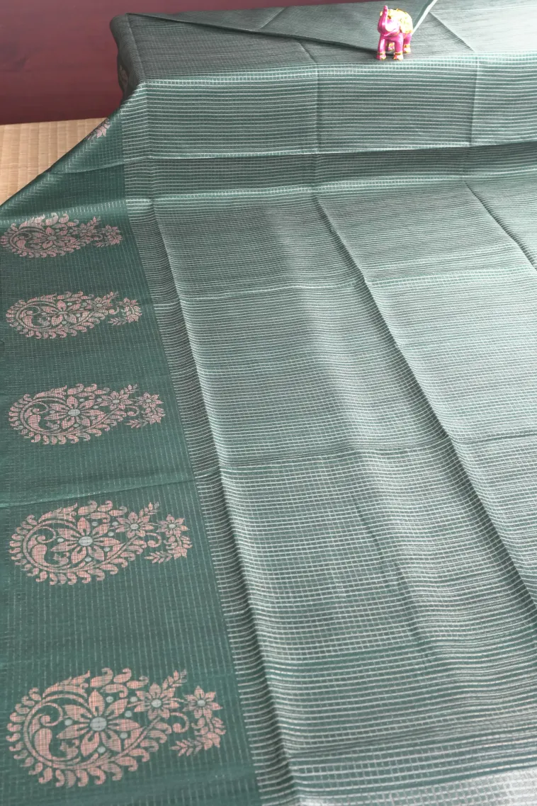 Bottle Green Tussar Saree with Antic Zari Small Checks Pattern view 2