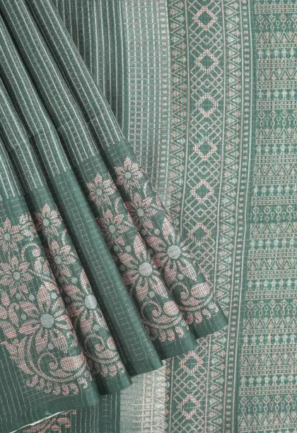 Bottle Green Tussar Saree with Antic Zari Small Checks Pattern