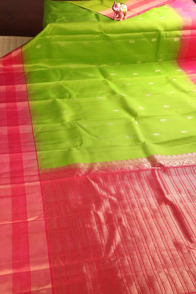 Lime Green Soft Silk Saree with Gold Zari Buttis (small Dots Or Motifs) view 2
